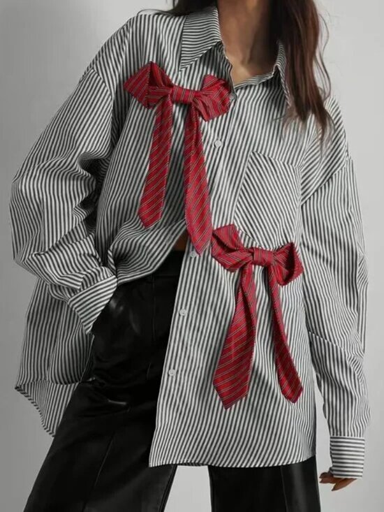 Loose-fit Boyfriend Style Striped Bow Shirt - Picture 2 of 6